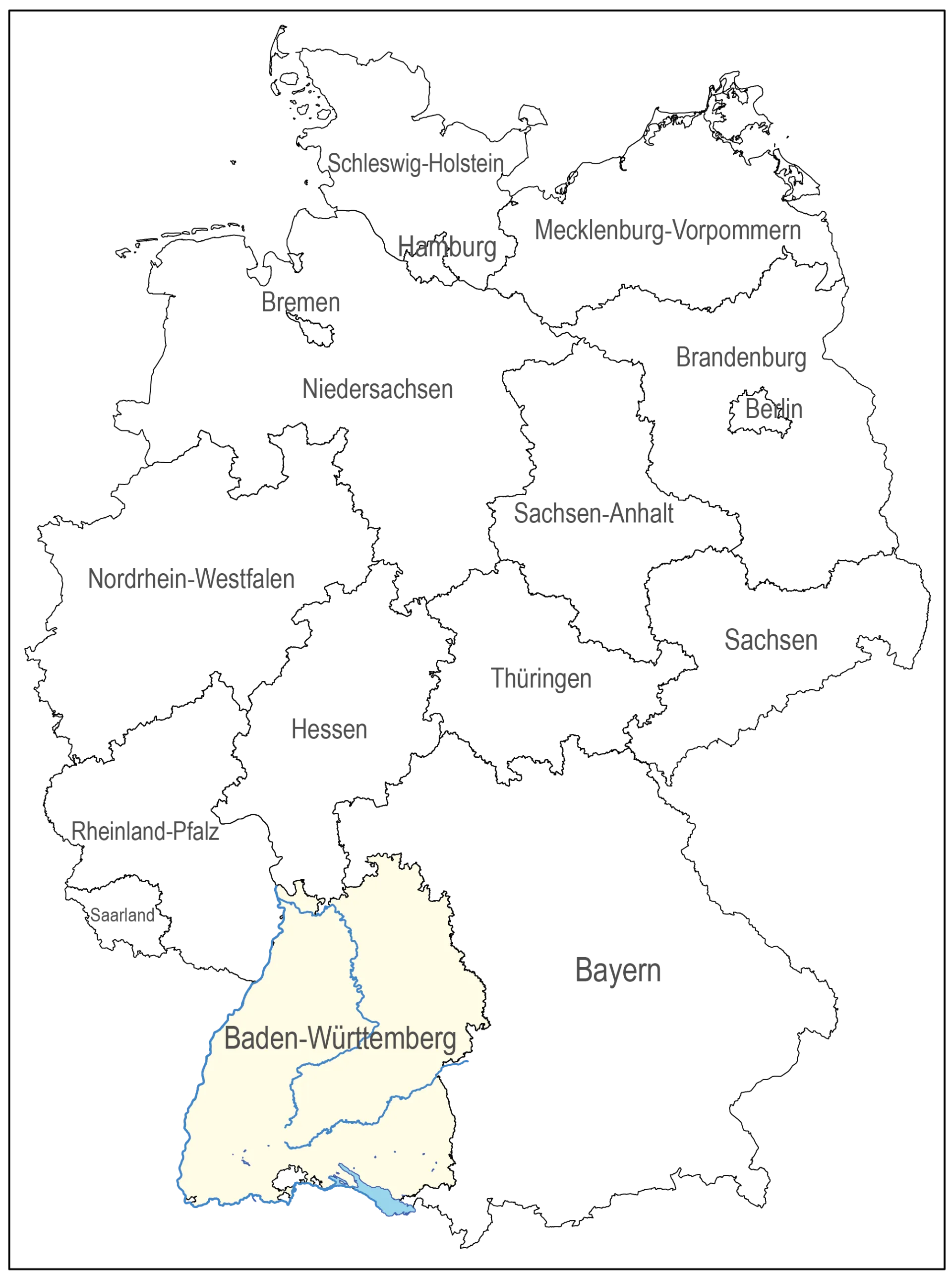 Karte von Deutschland mit allen Bundesländern - Baden-Württemberg in gelber Farbe hinterlegt 