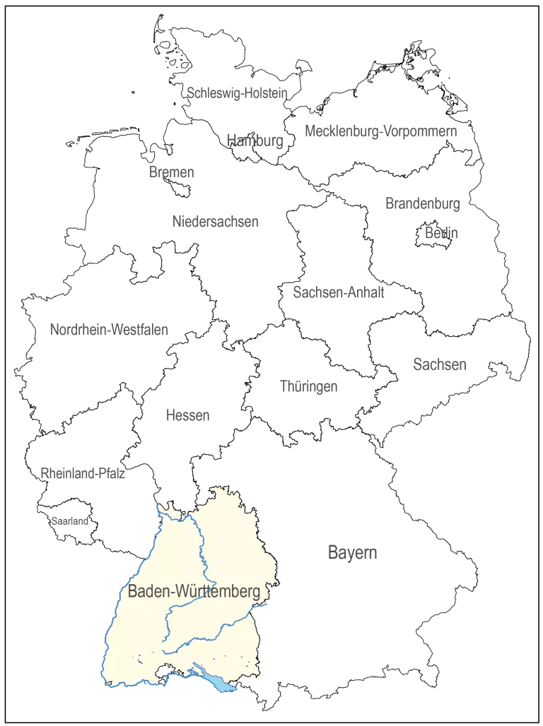 Karte von Deutschland mit allen Bundesländern - Baden-Württemberg in gelber Farbe hinterlegt 