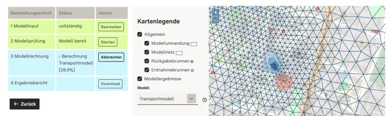Abbildung zeigt einen Ausschnitt aus der Anwendung LGRBtom mit der Menüführung und Berechnungsergebnis als Kartendarstellung