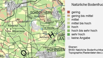 In einem Kartenausschnitt mit kleinen Dörfern, Wegen und Straßen ist flächenhaft mit roten, gelben und grünen Farbtönen die Nntürliche Bodenfruchtbarkeit von sehr gering bis sehr hoch dargestellt.