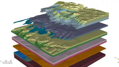 Quadratischer Ausschnitt eines 3D-Modells mit einer Kantenlänge von jeweils 12 km. Die geologischen  Formationen sind aufgetrennt und schweben im Raum.