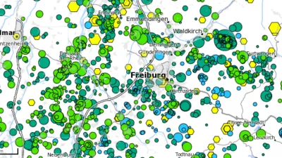 Kartenausschnitt der Region Freiburg mit Erdbeben in unterschiedlichen Farben und Formen dargestell