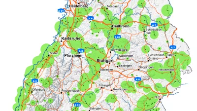 Eine Karte von Baden-Württemberg mit eingezeichneten Hauptverkehrswegen zeigt die Lage der Gewinnungsstellen und Schwerpunkte der Rohstoffgewinnung.