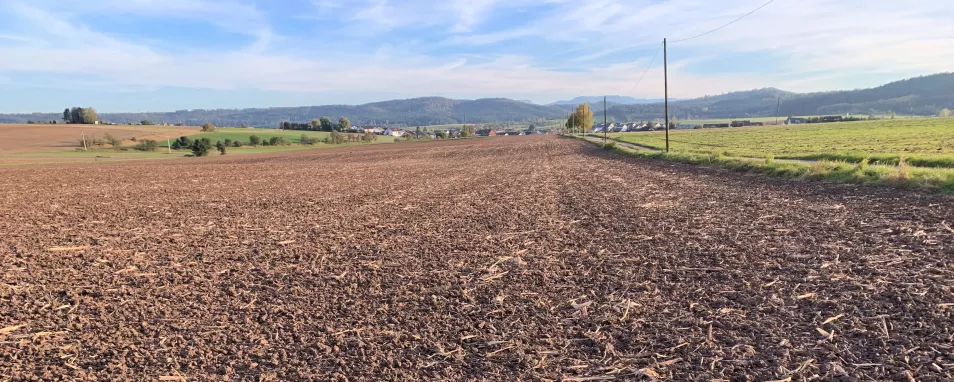 Abgeerntete Ackerfläche in einem flachwelligen Hügelland. Hinter einer Siedlung im Hintergrund erhebt sich ein bewaldetes Bergland.