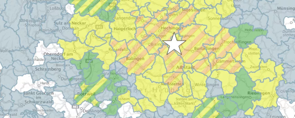 Ausschnitt einer Karte von Baden-Württemberg mit der farblichen Darstellung der Intensitäten eines Erdbebens nach PLZ, die der LED aus den ihm berichteten Wahrnehmungsmeldungen ermittelt hat.