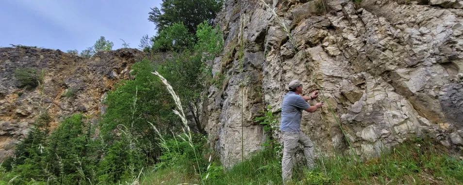 Ein Geologe steht mit Hammer Hammer in der Hand an einem Gesteinsaufschluss und nimmt Proben