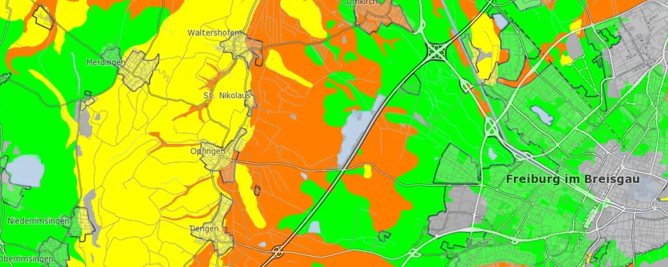 Kartenausschnitt zeigt in leuchtenden Farben das geothermische Potenzial des Untergrundes in der Umgebung von Freiburg im Breisgau