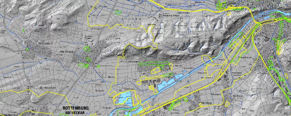 Kartengrundlage für Stellungnahmen des LGRB als Träger öffentlicher Belange: Topographische Karte mit Planflächen in gelber Farbe